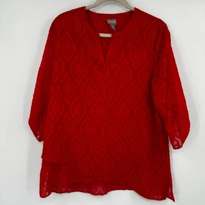 Chicos Red Textured Burnout V Neck 3/4 Sleeve Tunic Top Size 2 - Picture 1 of 9