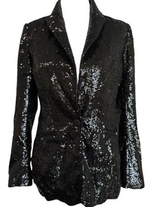 Nova Luxe Womens Black Sequin Blazer Jacket Small Party Cocktail Holiday Evening - Picture 1 of 16
