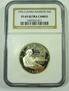 1993-S 50c JAMES MADISON NGC PF69 ULTRA CAMEO Half Dollar - Picture 1 of 2