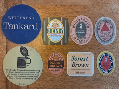 6 Whitbread London beer bottle Labels 1950's plus old beermats - Image 1 of 2
