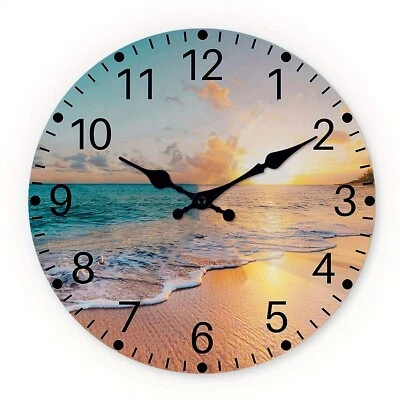 12 Inch Sunset Beach Wooden Wall Clock Silent Quartz Clock No Ticks - Image 1 of 4