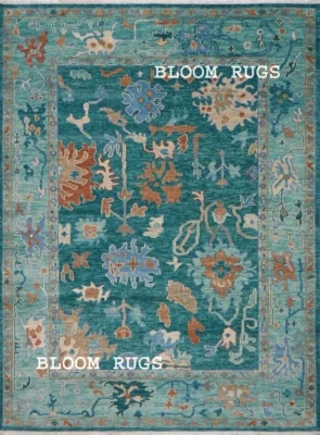 Handmade 9x12 ft Deep-Turquoise Transitional Oushak Rug | Customizable Carpet - Image 1 of 4