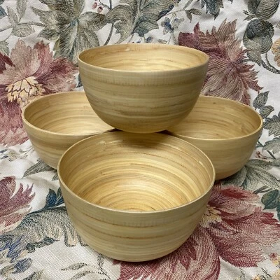 Caja y barril 4 ensaladeras de bambú bambú bambú 6" de ancho 3 1/2” de alto juego de 4 como nuevo Foto 1 de 3