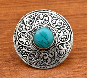 Turquoise Afghan Kuchi Ring Carved Round Ethnic Jewelry Bohemian Tribal Green - Picture 1 of 5