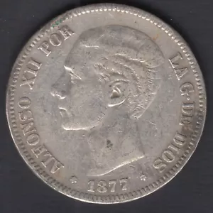 ESPAÑA MONEDA ALFONSO XII 5 PESETAS 1877 *77 DEM - Foto 1 di 2