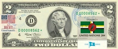 $2 DOLLARS 2003 STAR  STAMP CANCEL FLAG OF UN  FROM  DOMINICA   VALUE $500 - Image 1 of 2