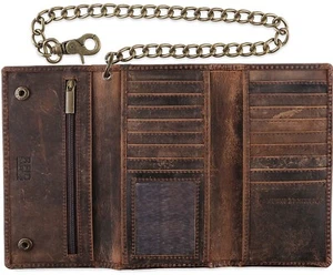 100% premium leather Trifold Cowhide RFID Chain Motorcycle Biker Wallet, - Picture 1 of 8