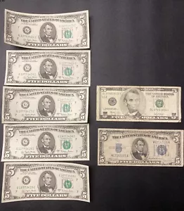 $5 Dollar Bills Collection; 7 Federal Reserve Notes In Total - Picture 1 of 6