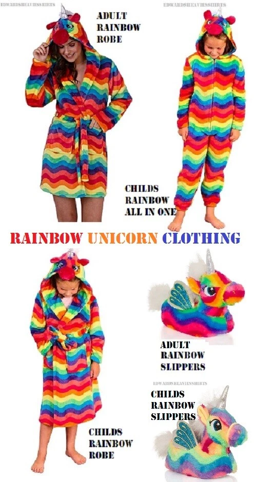 EHS LADIES, GIRLS & CHILDS RAINBOW UNICORN ROBE, SLIPPERS, CLOTHING, ALL IN ONE BATH