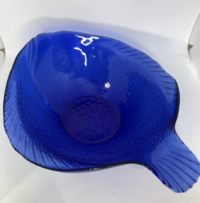 Cobalt Blue Glass Fish Shaped 12" Large Salad Serving Bowl Arcoroc France Vtg - Image 1 of 4