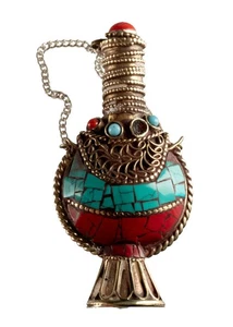 Hip Flask Tibetan Nepal Copper Silver - Deco Vintage Turquoise Coraile #612 - Picture 1 of 7