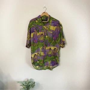 Vintage Men's Size:M 100%Silk Colorful Printed Button Down Short Sleeve Top - Picture 1 of 6