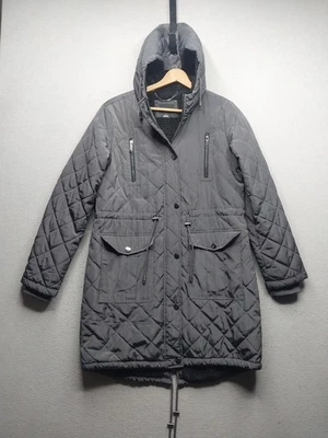 Chaqueta acolchada ANA para mujer gris medio forro de piel sintética con capucha cremallera completa abrigo a presión Foto 1 de 4