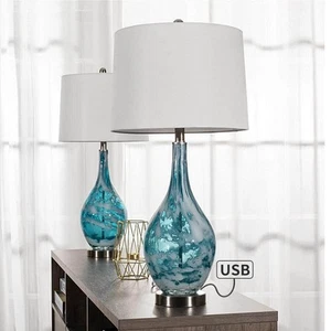 Denver 28 in. Blue Dimmable Table Lamp Set with USB (Set of 2) - Picture 1 of 6