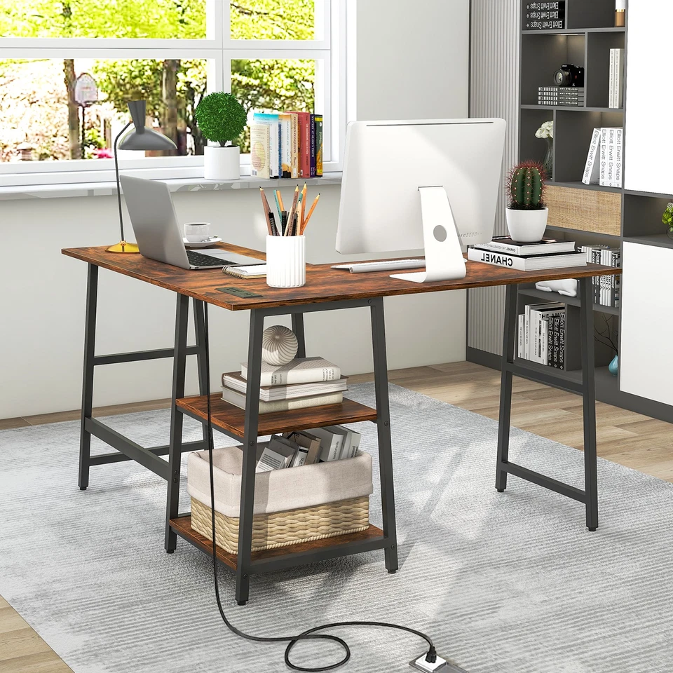 L Shaped Corner Computer Desk with Storage Shelves-Brown - Color Brown
