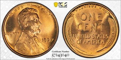 PCGS MS67+ RD 1937 Lincoln Wheat Cent Plus Red - Image 1 of 3