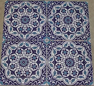 16"X16" (40cm x 40cm) Turkish Iznik Blue Carnation & Floral Pattern Ceramic Tile - Picture 1 of 1