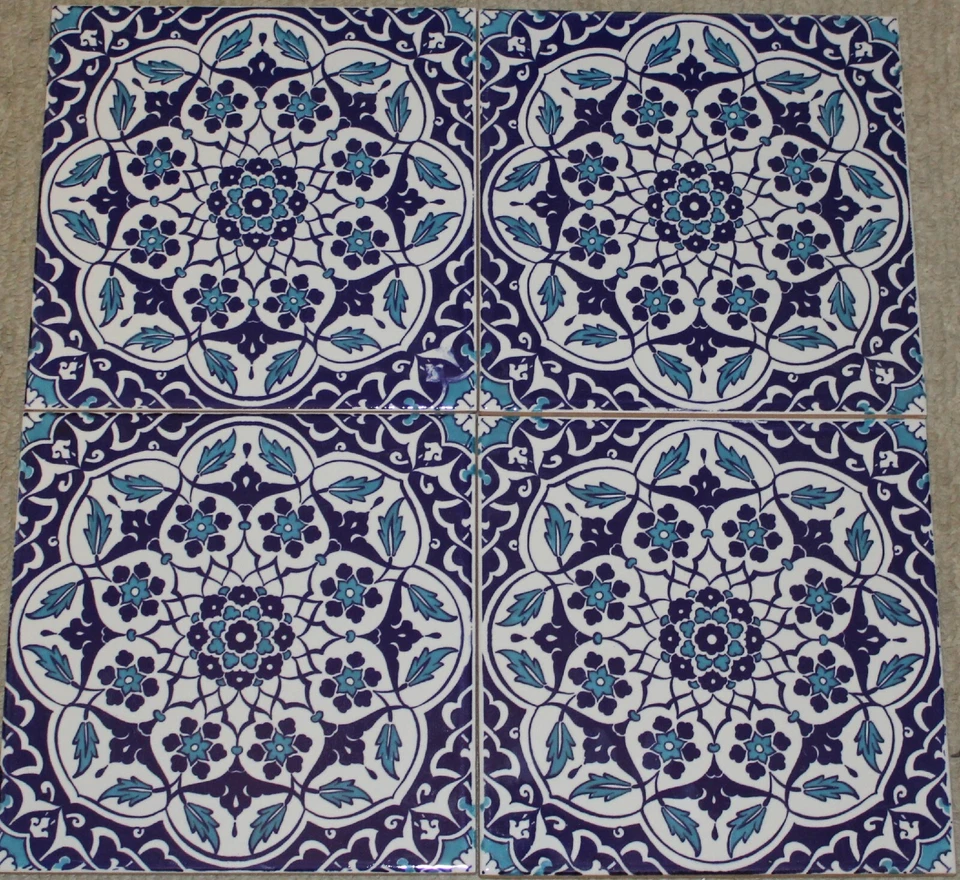 4 8"X8" (40cm x 40cm) Turkish Iznik Blue Carnation & Floral Pattern Ceramic Tile - Image 1 of 1