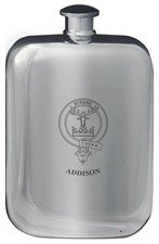 Addison Family Crest Design Pocket Hip Flask 6oz Rounded Polished Pewter