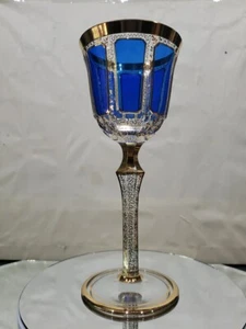 8.5" Wine Goblet Glass Water Cobalt Blue Cabochon Gold enamel Crystal Moser Nice - Picture 1 of 24