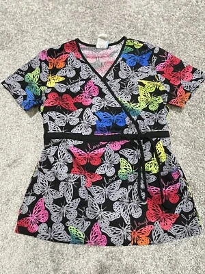 HQ Scrub Women's Nurse Black Scrub Top Small Style# 4788C Butterflies - EUC - Image 1 of 4