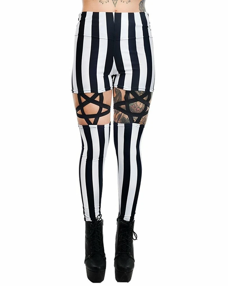 Leggings listradas alça liga pentagrama circo noturno gótico demais rápido demais  - Imagem 1 de 4