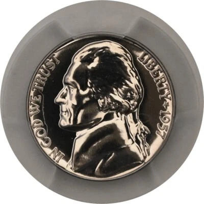 PR67 1957 JEFFERSON NICKEL PCGS GRADED US 5C PROOF P-MINT EXACT COIN small error - Image 1 of 4