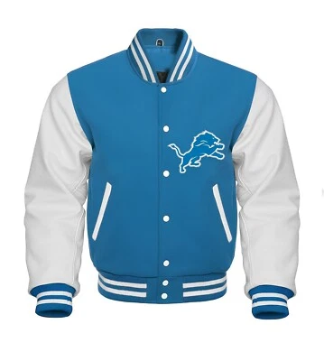 Chaqueta Letterman Detroit Lions Cuerpo Azul Cielo Cuero Blanco Chaqueta Universitaria Foto 1 de 4