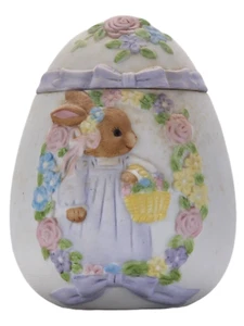 Lefton Porzellan Schmuckkästchen Osterei Hase Hase Korb Blumen #7939 1991 - Bild 1 von 5
