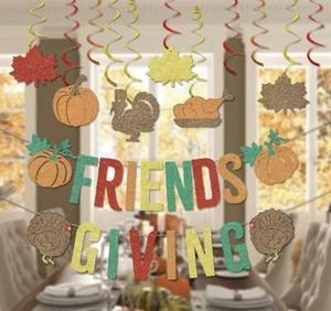 Friendsgiving Glitter Hanging Banner Thanksgiving Fall Autumn Party Decor - Picture 1 of 7