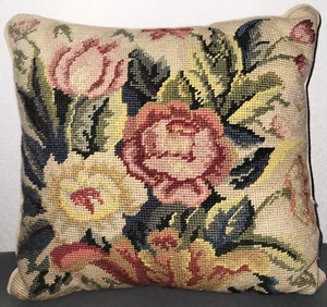 VTG Floral Wool Needlepoint Pillow w/Beige Velvet Back 12" x 12" Cottage Core - Picture 1 of 5