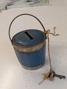 Early Vintage Tin Plate Bucket Money Box With Key - Picture 1 of 5