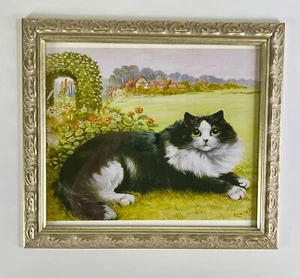 Louis Wain langhaarige schwarz-weiße Katze im Garten - wunderschön gerahmt! - Bild 1 von 1