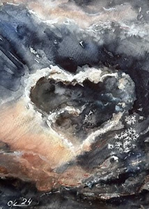 Original Watercolour Decor Art Memory Of Dear Friend shaped clouds Heart - Picture 1 of 4