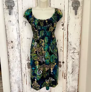 Muse Size 14 Woman's Green Yellow Blue Black Floral Paisley Boho Summer Dress - Picture 1 of 8