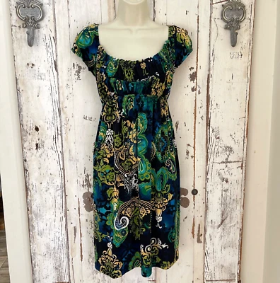 Vestido de verano boho floral cachemira verde amarillo azul negro Muse talla 14 para mujer Foto 1 de 4