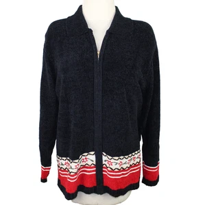 Vintage Sag Harbor Strickjacke Chenille schwarz rot Gr. 2X weicher Reißverschluss Pullover Stickerei - Bild 1 von 13