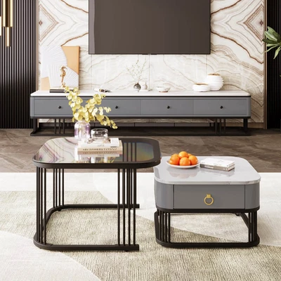 Set of 2 Marble Coffee Table with Black Legs and Drawer 60x60x42 cm+50x50x33.5cm - Image 1 of 4