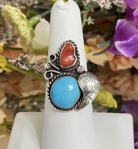 Vintage Sterling Silver Native American Detailed Turquoise Coral Ring Band 7