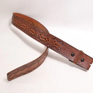 Vtg Hand Tooled Leather Belt S Brown Inlay Weave Snaps No Buckle - Picture 1 of 11