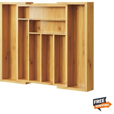 Бамбуковый органайзер для столовых приборов, расширяемый поднос для столовых приборов, ящик для посуды организовать... - Изображение 1 из 4