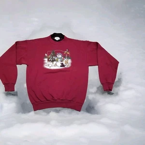 ✅VTG Ugly Christmas Sweatshirt Burgundy W/Winter Scene Snowman Women's L *STAIN* - Picture 1 of 13