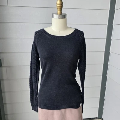 Suéter para mujer Roxy pequeño negro tejido abierto manga ganchillo corbata trasera redonda Foto 1 de 4