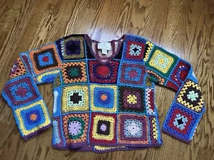 Vintage Express TriCot Women’s Multicolor granny Square Crochet sweater sz M - Picture 1 of 9