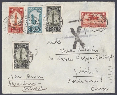 MOROCCO FRANCE 1932 MARKED PAR EVION CASABLANCA MARSEILLE TO ZURICH SWITZERLAND Cover