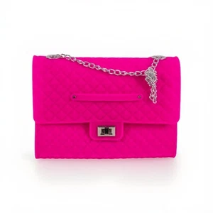 Girls Cross Body Purse Silicone Pink With Silver Chain Handle 8.5” x 6”x 2” - Picture 1 of 14
