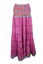 Boho Gypsy Hippy Pink Flared Maxi Skirt Strapless Dress Summer Beach Skirts S/M