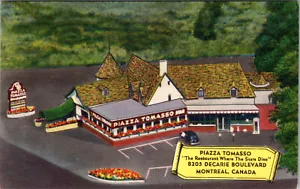 MONTREAL, CANADA - RISTORANTE PIAZZA TOMASSO - VISTA BIRDSEYE - CARTOLINA LINO - Foto 1 di 2