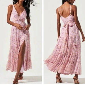 ASTR The Label Elsa Tiered Maxi Dress Tie Back in Pink Multi Floral Size S - Picture 1 of 10