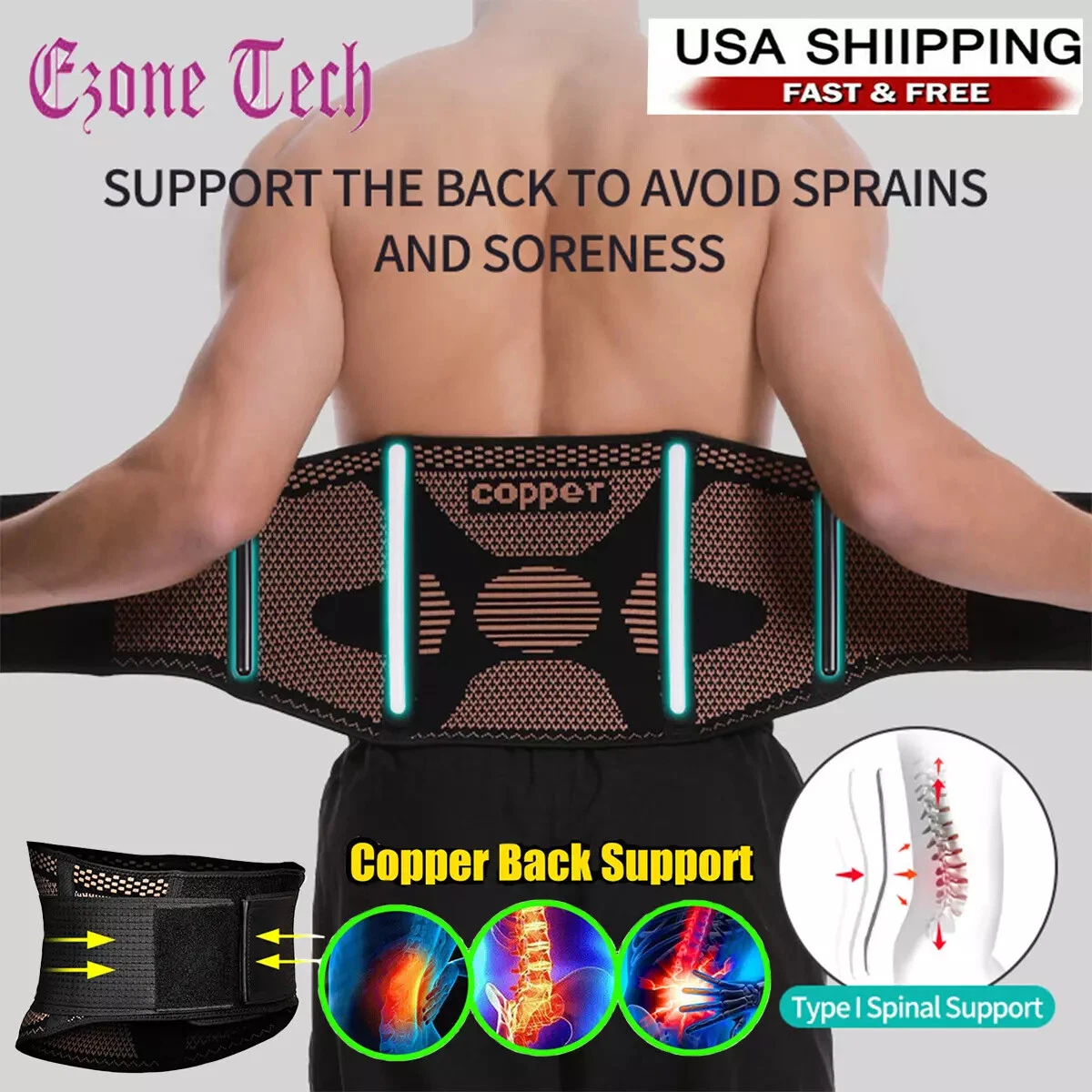 FEATOL Back Brace Support Belt-Lumbar Support Back Brace For Back Pain, Sciatica, Scoliosis, Herniated Disc Adjustable Support Straps-Lower Back Brace With Removable Lumbar Pad For Men & Women